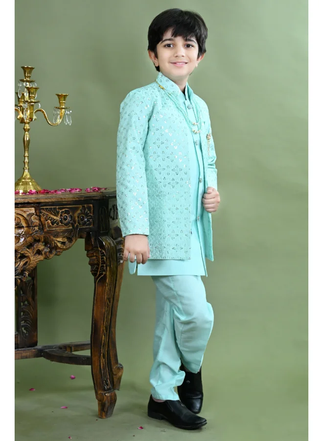 BT DEZINES Sea Green Sherwani and Trousers Set for Boys