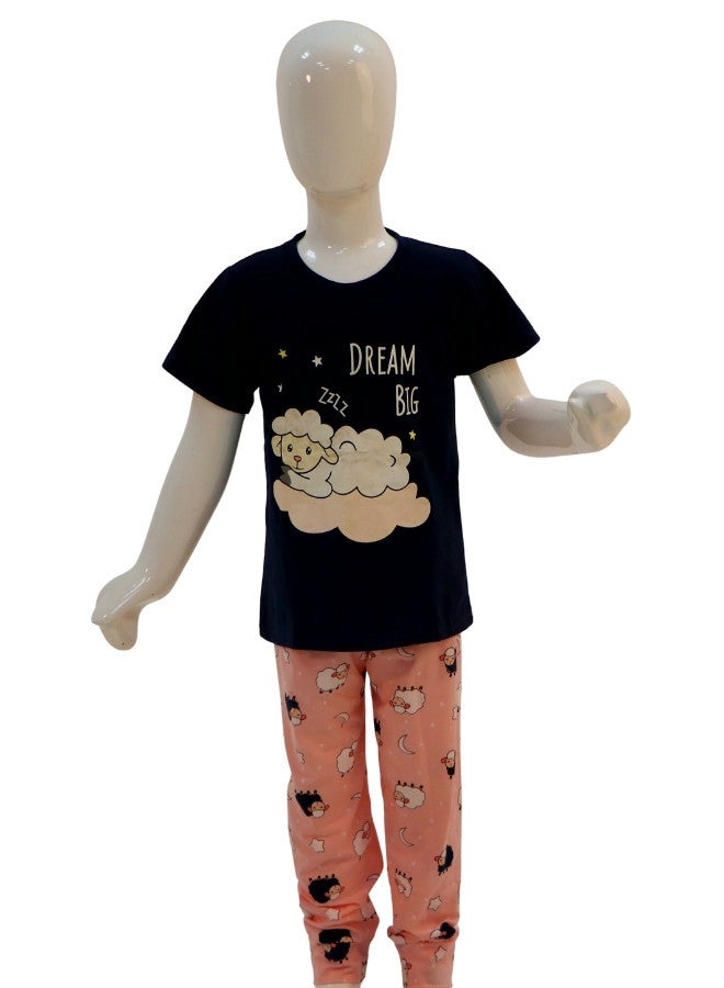 JOANNA JOANNA Girl's Dream Big Print Short Sleeve Shirt & Long Pants Pajama Set, Black/Pink - Image 1
