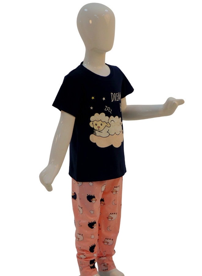 JOANNA JOANNA Girl's Dream Big Print Short Sleeve Shirt & Long Pants Pajama Set, Black/Pink - Image 4