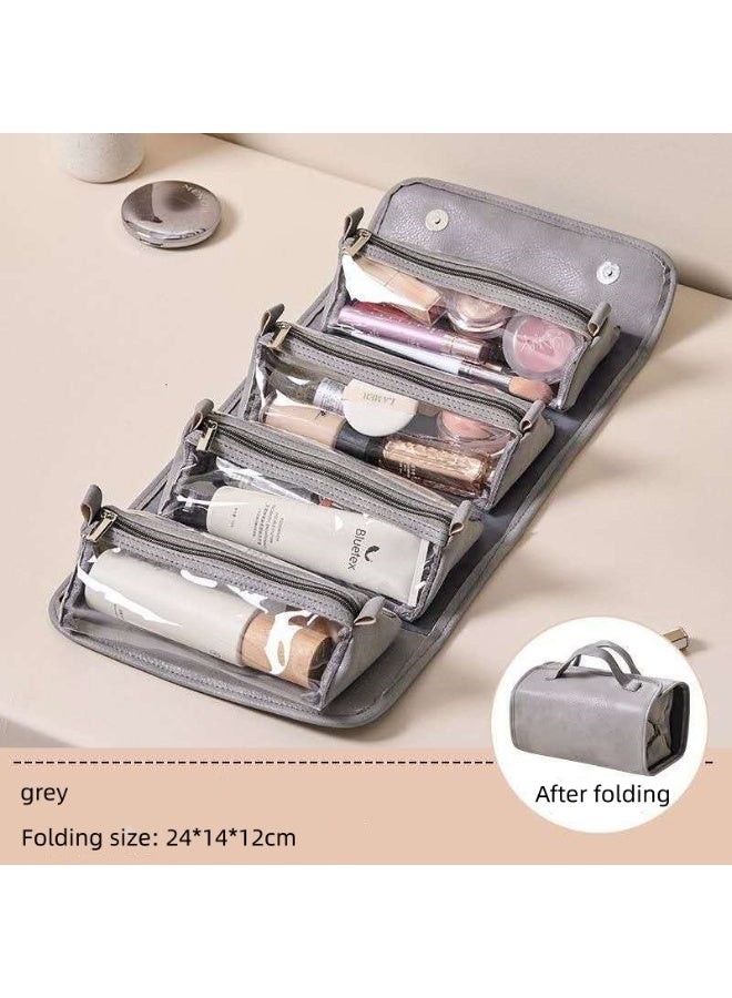 حقيبة تخزين مكياج قابلة للطي ذات سعة كبيرة وقابلة للفصل للغسيل، حقيبة تخزين مكياج مريحة ومقاومة للماء 4 في 1 للنساء أثناء السفر والسفر (رمادي) - Image 1