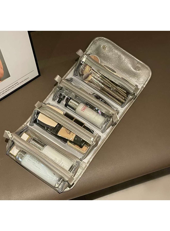 حقيبة تخزين مكياج قابلة للطي ذات سعة كبيرة وقابلة للفصل للغسيل، حقيبة تخزين مكياج مريحة ومقاومة للماء 4 في 1 للنساء أثناء السفر والسفر (رمادي) - Image 2