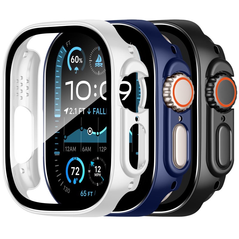 Charlam Compatible with Apple Watch Ultra Screen Protector 49mm iWatch Case, 3 Pack Full Protective Ultra-Thin Hard PC Bumper Scratch Resistant HD Protective Face Cover, Black/NavyBlue/White,49mm - Image 1