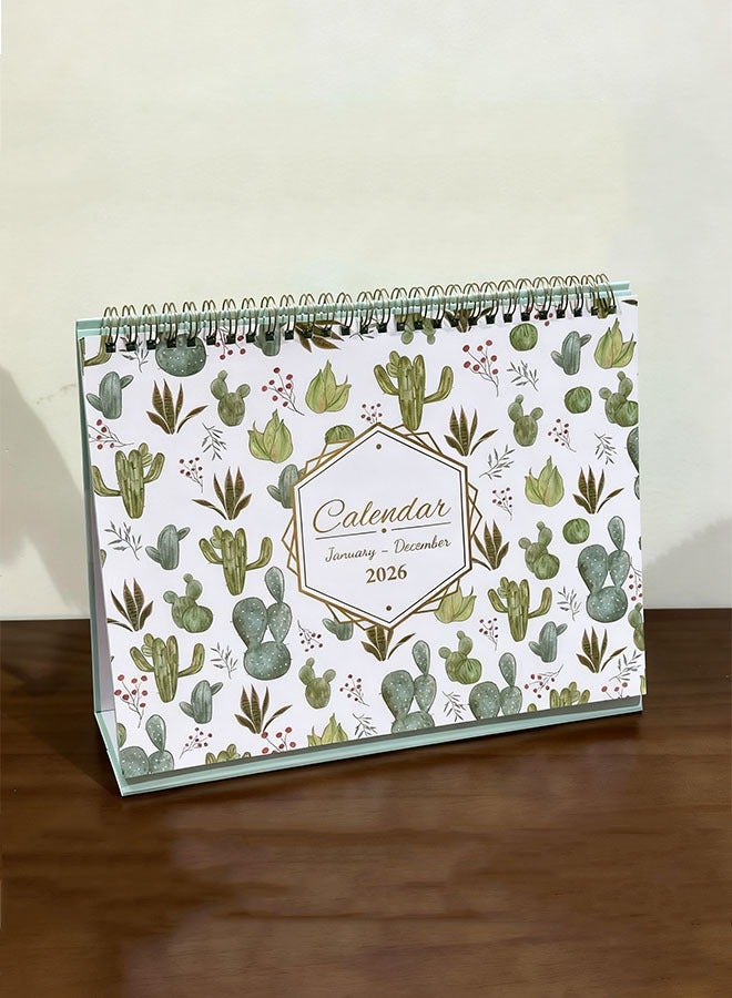 Bukela 2026Desk Calendar - January 2026 - December 2026, Spiral Binding Cactus Creative Page Turn Running Monthly Standing Memo Pages For Home Office School 10" X 8" - Image 1