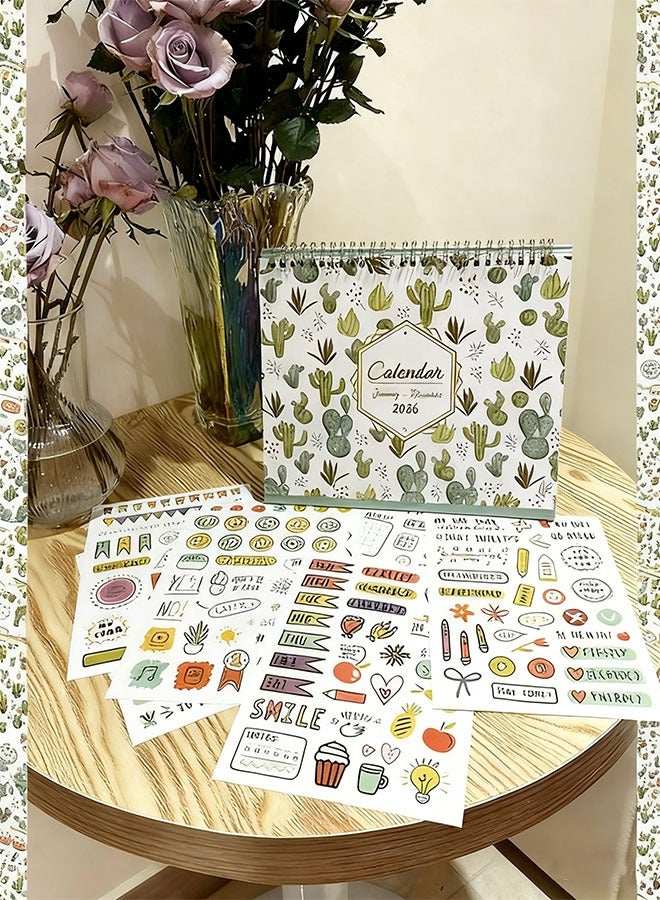 Bukela 2026Desk Calendar - January 2026 - December 2026, Spiral Binding Cactus Creative Page Turn Running Monthly Standing Memo Pages For Home Office School 10" X 8" - Image 2