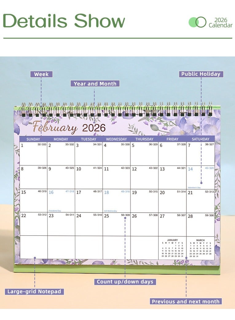Bukela 2026Desk Calendar - January 2026 - December 2026, Spiral Binding Cactus Creative Page Turn Running Monthly Standing Memo Pages For Home Office School 10" X 8" - Image 3