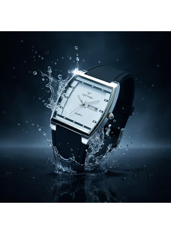 CITVOR Regal Classic CT3588 Analog Watch for Men Silver Case White Dial Black Rubber Strap Day Date Quartz - Image 5