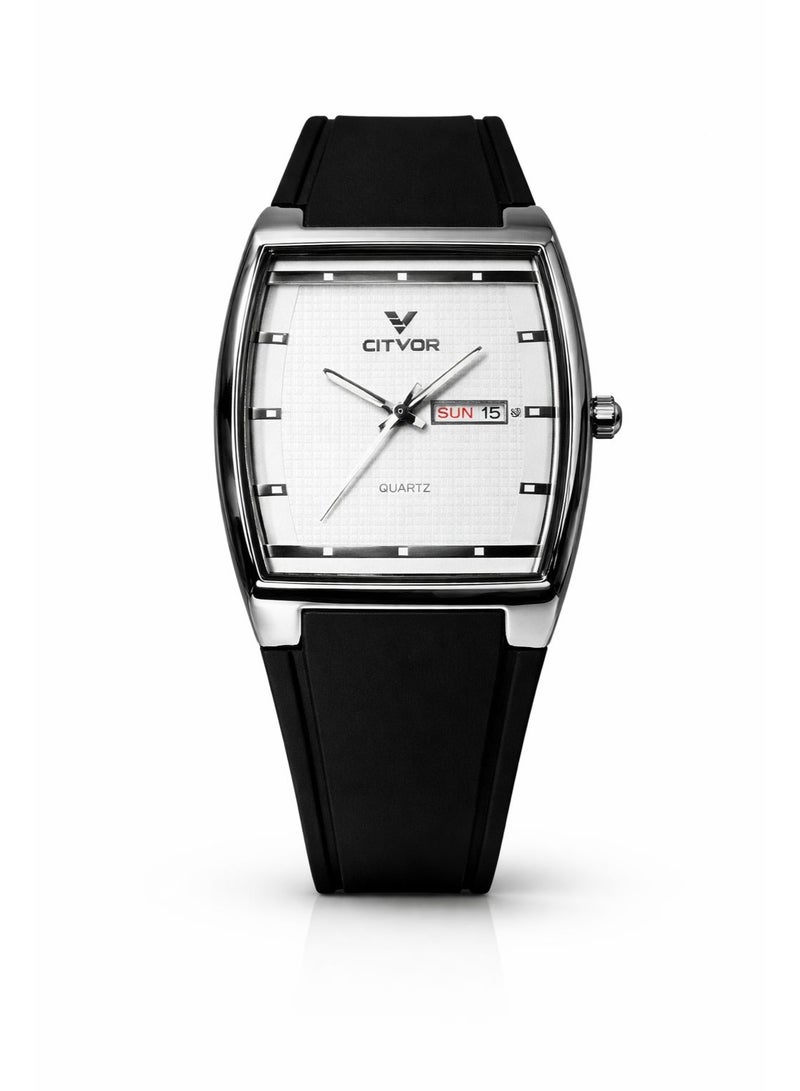CITVOR Regal Classic CT3588 Analog Watch for Men Silver Case White Dial Black Rubber Strap Day Date Quartz - Image 1