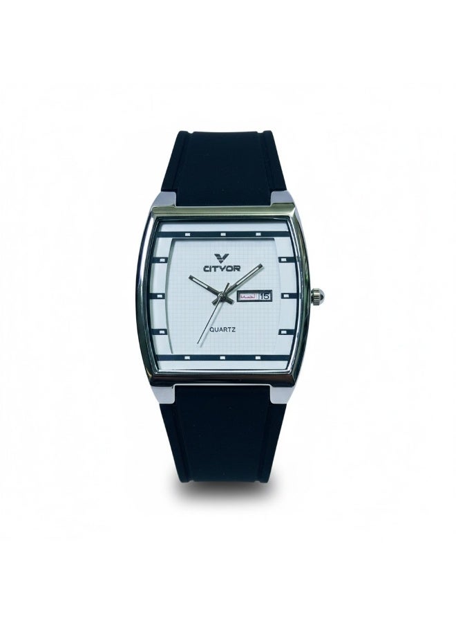 CITVOR Regal Classic CT3588 Analog Watch for Men Silver Case White Dial Black Rubber Strap Day Date Quartz - Image 2