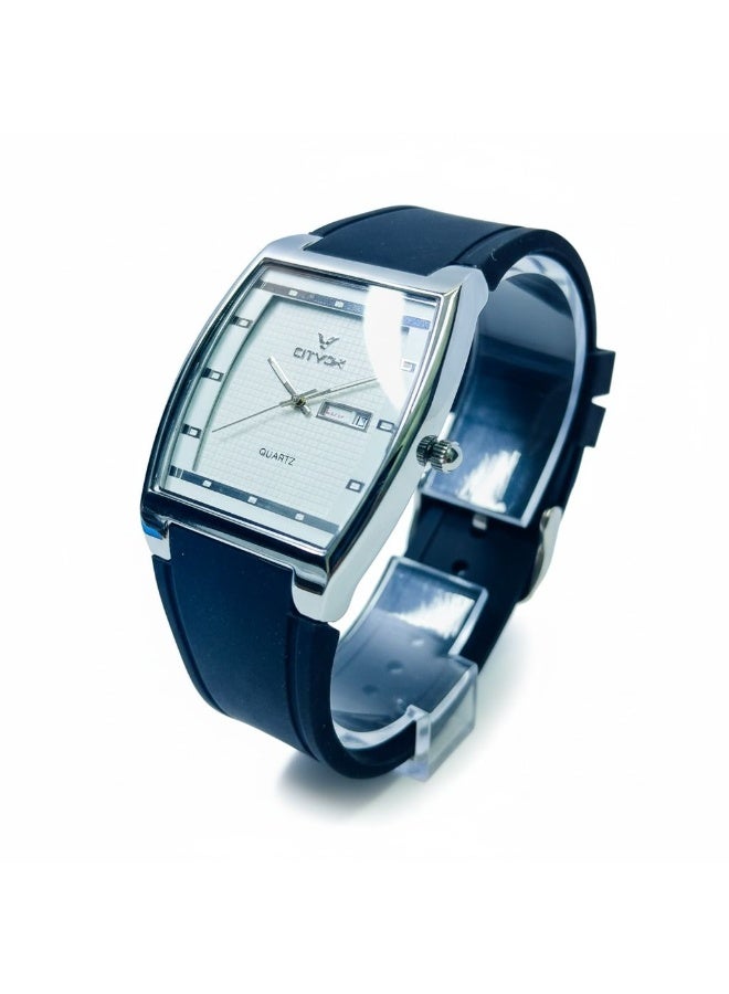 CITVOR Regal Classic CT3588 Analog Watch for Men Silver Case White Dial Black Rubber Strap Day Date Quartz - Image 3