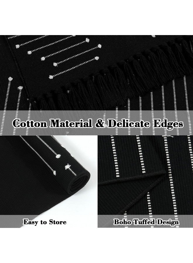 LIVEBOX Boho Kitchen Rug 2' x 4.3' Washable Bathroom Runner Rug with Tassel, Moroccan Black Area Rug Small Woven Cotton Throw Rug for Entryway Laundry Room Hallway - Image 4