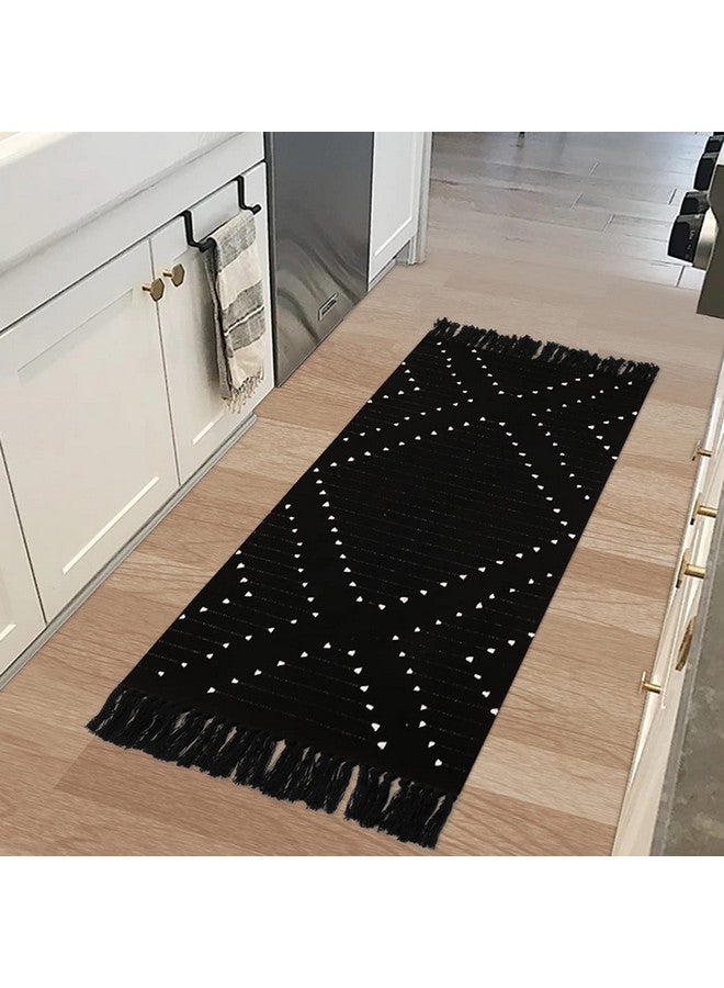 LIVEBOX Boho Kitchen Rug 2' x 4.3' Washable Bathroom Runner Rug with Tassel, Moroccan Black Area Rug Small Woven Cotton Throw Rug for Entryway Laundry Room Hallway - Image 1