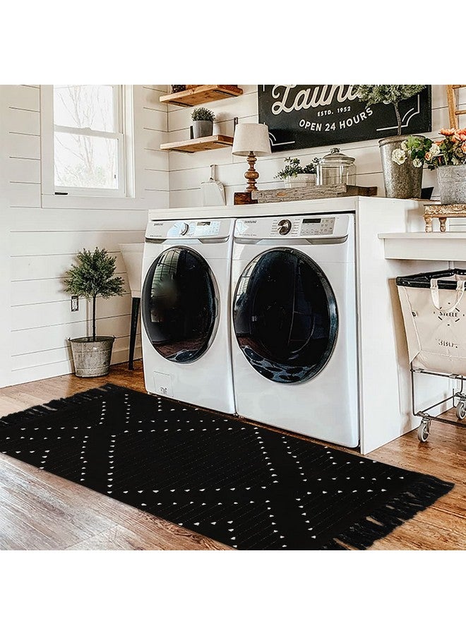 LIVEBOX Boho Kitchen Rug 2' x 4.3' Washable Bathroom Runner Rug with Tassel, Moroccan Black Area Rug Small Woven Cotton Throw Rug for Entryway Laundry Room Hallway - Image 3