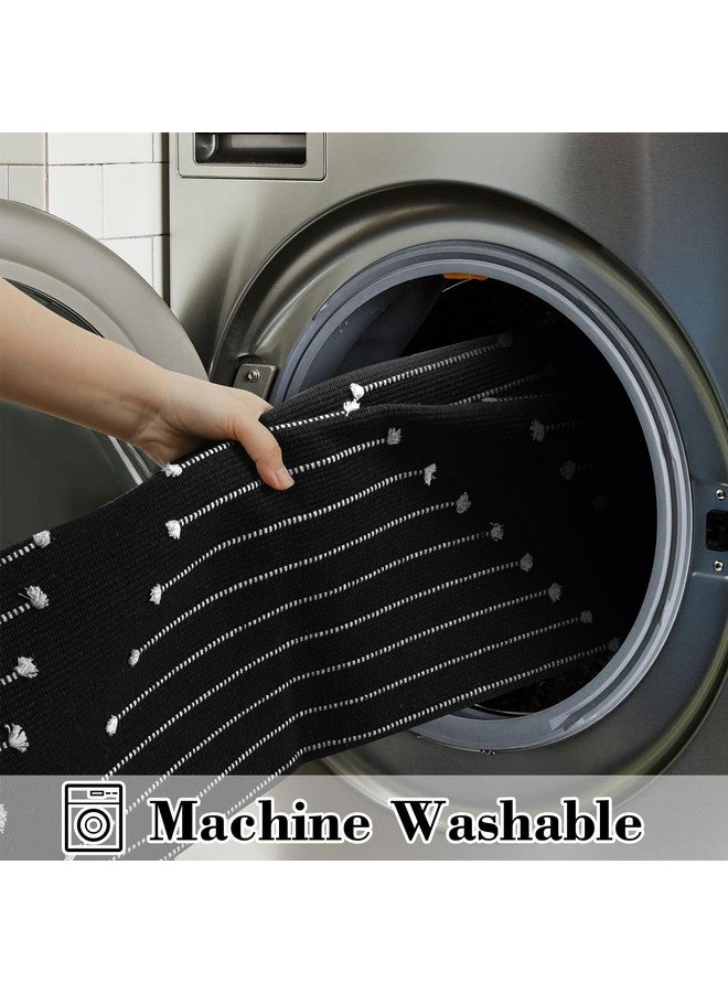 LIVEBOX Boho Kitchen Rug 2' x 4.3' Washable Bathroom Runner Rug with Tassel, Moroccan Black Area Rug Small Woven Cotton Throw Rug for Entryway Laundry Room Hallway - Image 5