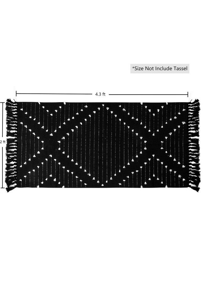 LIVEBOX Boho Kitchen Rug 2' x 4.3' Washable Bathroom Runner Rug with Tassel, Moroccan Black Area Rug Small Woven Cotton Throw Rug for Entryway Laundry Room Hallway - Image 2