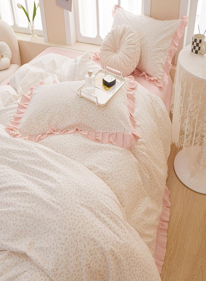 LifeTB Pink Floral Duvet Cover Queen Chic Flower Print Ruffle Duvet Cover Cotton Lace Comforter Cover Country Style Floral Bedding Set Girls Ruffle Comforter Cover Flower Queen Duvet Cover with 2 Pillowcases - Image 4
