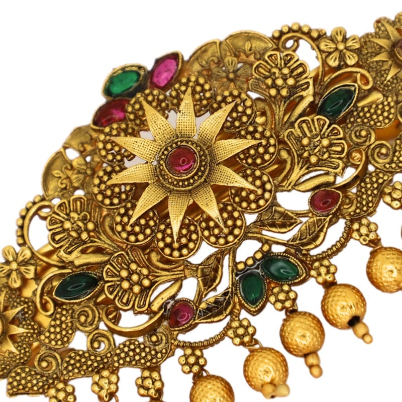 JWELLA Traditional Gold-Plated Hair Barrette Clip With Floral Design And Beads Danglers (Design-1) - Image 4