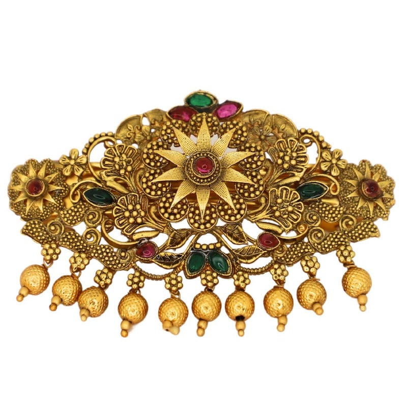 JWELLA Traditional Gold-Plated Hair Barrette Clip With Floral Design And Beads Danglers (Design-1) - Image 1