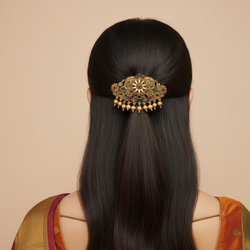 JWELLA Traditional Gold-Plated Hair Barrette Clip With Floral Design And Beads Danglers (Design-1) - Image 3
