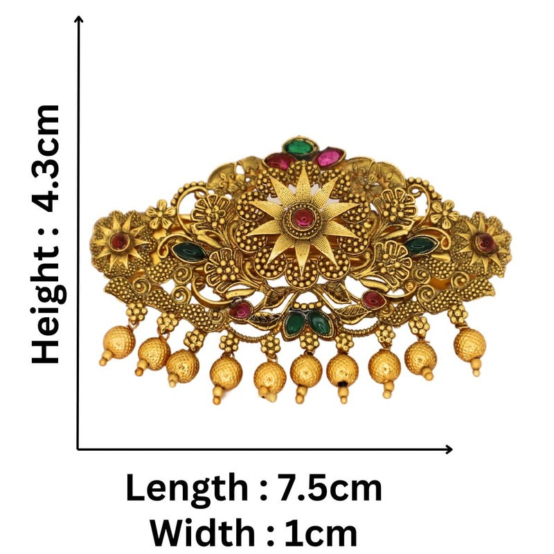 JWELLA Traditional Gold-Plated Hair Barrette Clip With Floral Design And Beads Danglers (Design-1) - Image 5