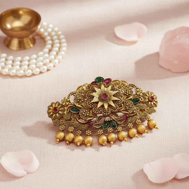 JWELLA Traditional Gold-Plated Hair Barrette Clip With Floral Design And Beads Danglers (Design-1) - Image 2