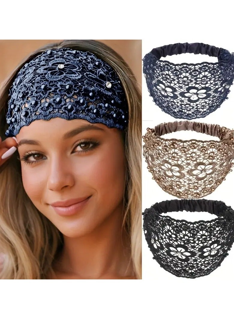Rozino 3pcs Set Elegant Floral Beaded Wide Headbands for Women - Fashionable Hair Accessories, Perfect for Casual Attire - Image 1
