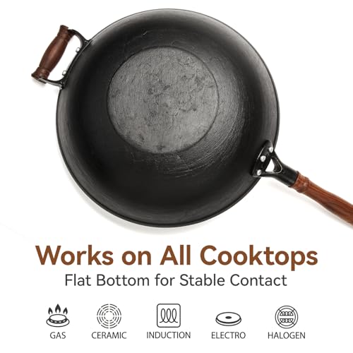 WANGYUANJI 13.4 Inch Cast Iron Wok Pan with Lid, Flat Bottom Uncoated Stir Fry Skillet, Heavy Duty Chinese Iron Pot for Family Cooking, Induction & Gas Stoves Compatible - Image 4
