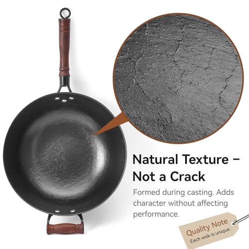 WANGYUANJI 13.4 Inch Cast Iron Wok Pan with Lid, Flat Bottom Uncoated Stir Fry Skillet, Heavy Duty Chinese Iron Pot for Family Cooking, Induction & Gas Stoves Compatible - Image 5