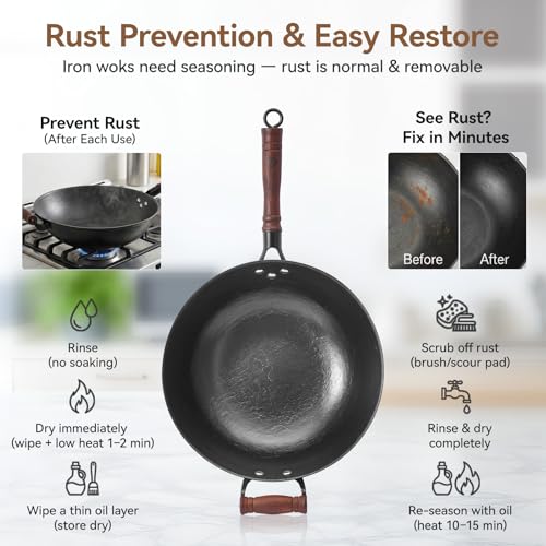 WANGYUANJI 13.4 Inch Cast Iron Wok Pan with Lid, Flat Bottom Uncoated Stir Fry Skillet, Heavy Duty Chinese Iron Pot for Family Cooking, Induction & Gas Stoves Compatible - Image 2