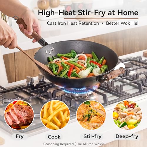 WANGYUANJI 13.4 Inch Cast Iron Wok Pan with Lid, Flat Bottom Uncoated Stir Fry Skillet, Heavy Duty Chinese Iron Pot for Family Cooking, Induction & Gas Stoves Compatible - Image 3