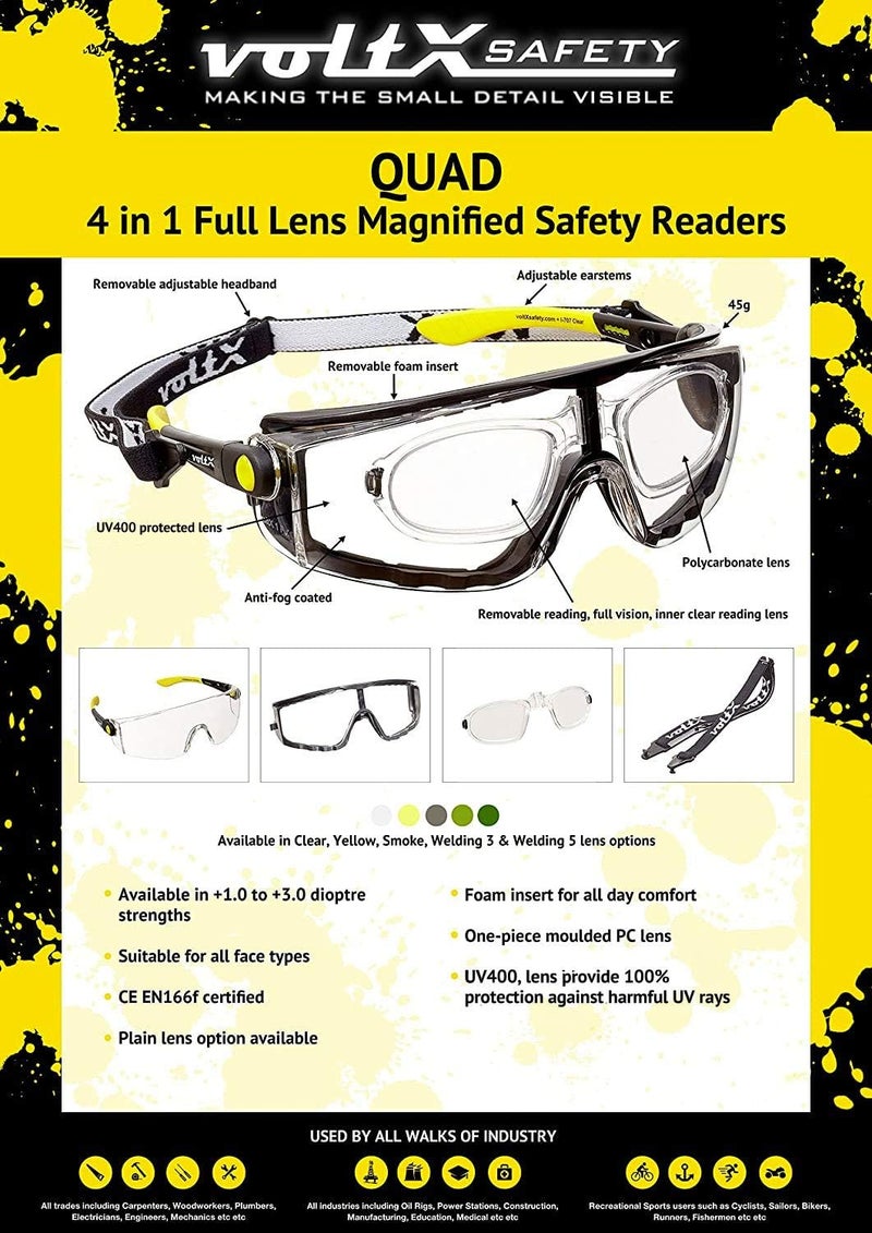 voltX QUAD 4 in 1 FULL LENS Reading insert Safety Glasses 20 Dioptre CLEAR LENS with foam insert removable headstrap CE EN166f certified - Image 3