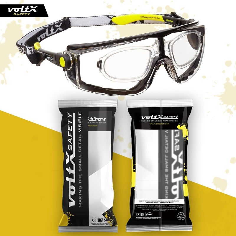 voltX QUAD 4 in 1 FULL LENS Reading insert Safety Glasses 20 Dioptre CLEAR LENS with foam insert removable headstrap CE EN166f certified - Image 4