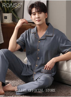 2-Piece Pajama Set Men's Cotton Short Sleeved Lapel Collar T-Shirt Long Pants Sets Solid Color Sleepwear Nightgown Male Loose Spring Summer Thin Loungewear Home Clothes - pzsku/Z6F079DD421BAA620C3D6Z/45/_/1702620096/c982b0b3-c760-4fa6-a992-da56d9ecc45e