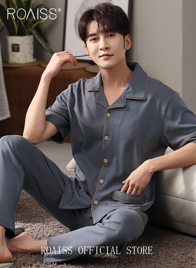 roaiss 2-Piece Pajama Set Men's Cotton Short Sleeved Lapel Collar T-Shirt Long Pants Sets Solid Color Sleepwear Nightgown Male Loose Spring Summer Thin Loungewear Home Clothes  - Image 2