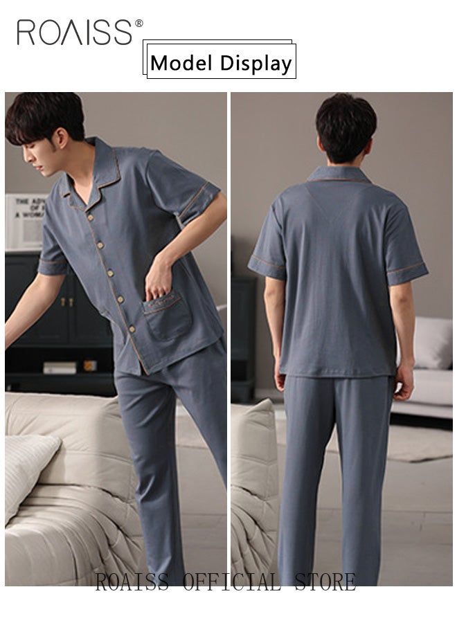 roaiss 2-Piece Pajama Set Men's Cotton Short Sleeved Lapel Collar T-Shirt Long Pants Sets Solid Color Sleepwear Nightgown Male Loose Spring Summer Thin Loungewear Home Clothes  - Image 3