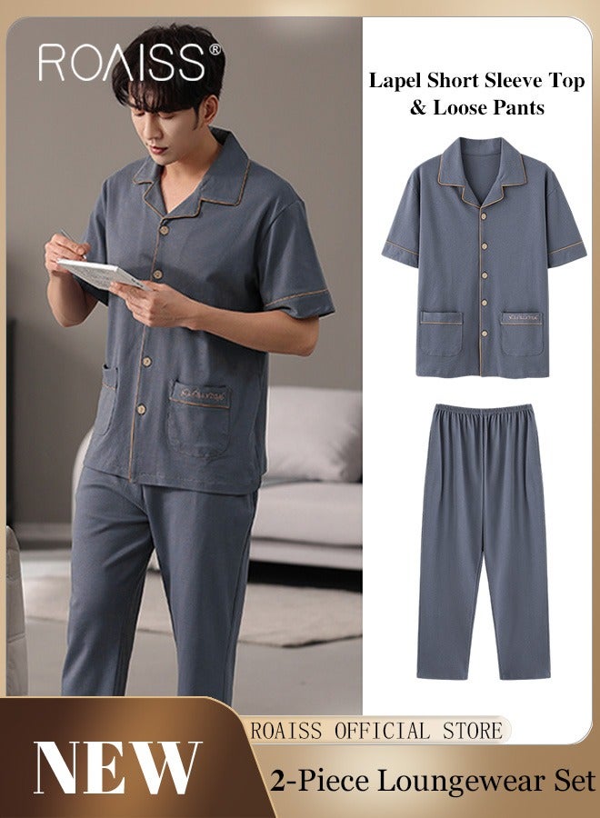 roaiss 2-Piece Pajama Set Men's Cotton Short Sleeved Lapel Collar T-Shirt Long Pants Sets Solid Color Sleepwear Nightgown Male Loose Spring Summer Thin Loungewear Home Clothes  - Image 1