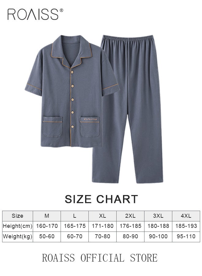 roaiss 2-Piece Pajama Set Men's Cotton Short Sleeved Lapel Collar T-Shirt Long Pants Sets Solid Color Sleepwear Nightgown Male Loose Spring Summer Thin Loungewear Home Clothes  - Image 4