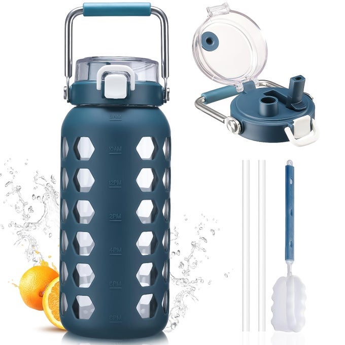 64OZ GLASS WATER BOTTLES WITH STRAW AND LIDHALF GALLON WATER BOTTLE WITH TIME MARKERLARGE GLASS WATER JUG WITH SILICONE SLEEVE AND STAINLESS STEEL HANDLEBLUE