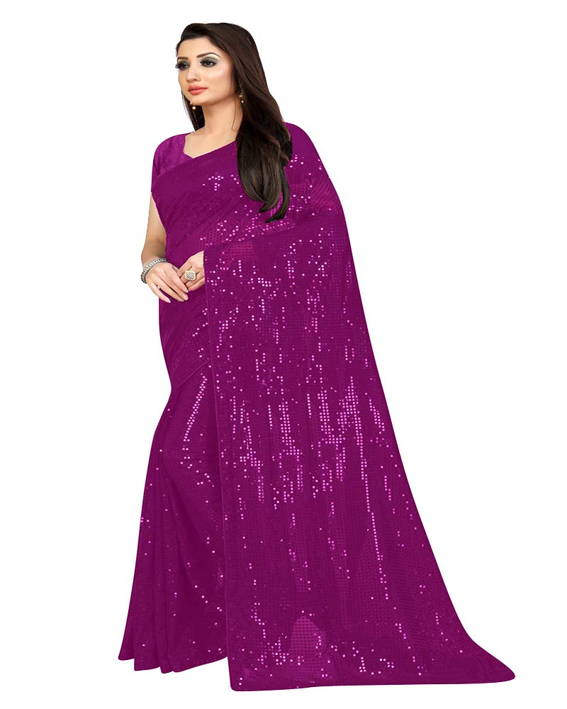 Florely Women's Sequins Pure Georgette Saree (Satari_Freesize_444_Rani) - Image 3