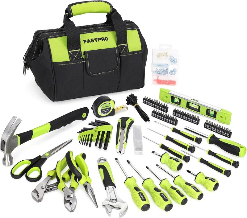 FASTPRO 220-Piece Home Tool Set, Household Repairing Tool Kit, with 12-Inch Wide Mouth Open Storage Tool Bag, Green - Image 1