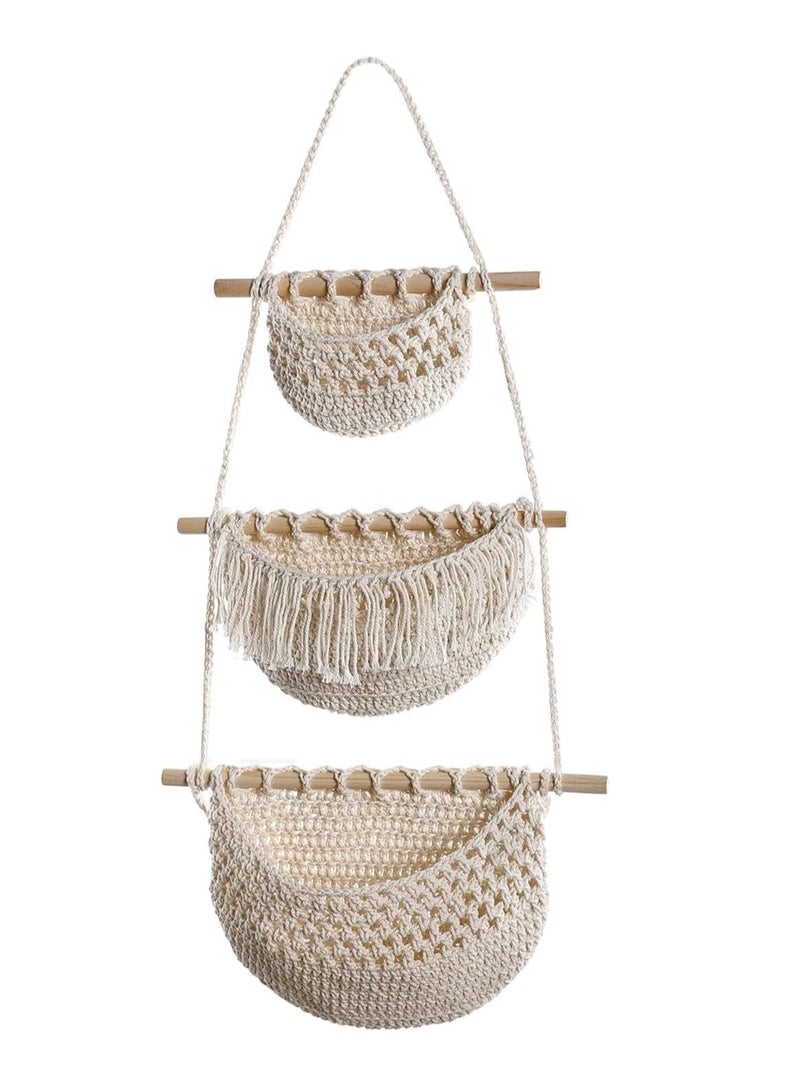 عام سلة غذاء للتخزين، تشكيل بوحيمي ثلاث طبقات، ديكور شريط داخلي على الجدار، سلة معلقة لغرفة نهاية، بيج. - Image 1