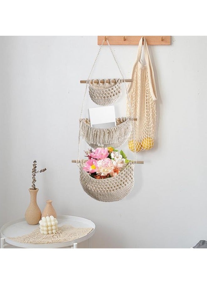 عام سلة غذاء للتخزين، تشكيل بوحيمي ثلاث طبقات، ديكور شريط داخلي على الجدار، سلة معلقة لغرفة نهاية، بيج. - Image 2