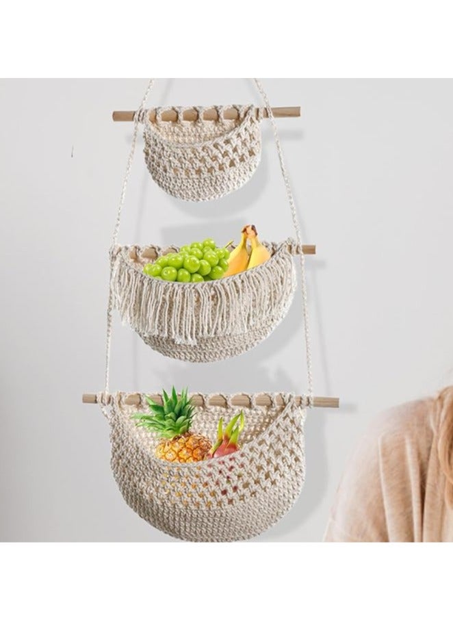 عام سلة غذاء للتخزين، تشكيل بوحيمي ثلاث طبقات، ديكور شريط داخلي على الجدار، سلة معلقة لغرفة نهاية، بيج. - Image 3