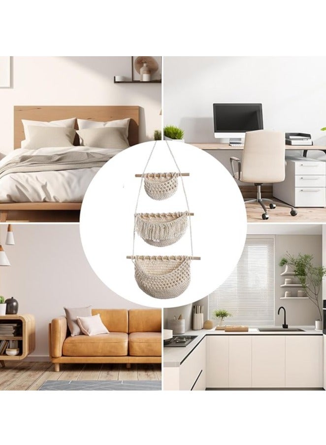 عام سلة غذاء للتخزين، تشكيل بوحيمي ثلاث طبقات، ديكور شريط داخلي على الجدار، سلة معلقة لغرفة نهاية، بيج. - Image 4