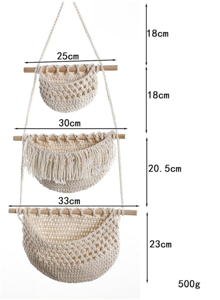 عام سلة غذاء للتخزين، تشكيل بوحيمي ثلاث طبقات، ديكور شريط داخلي على الجدار، سلة معلقة لغرفة نهاية، بيج. - Image 5