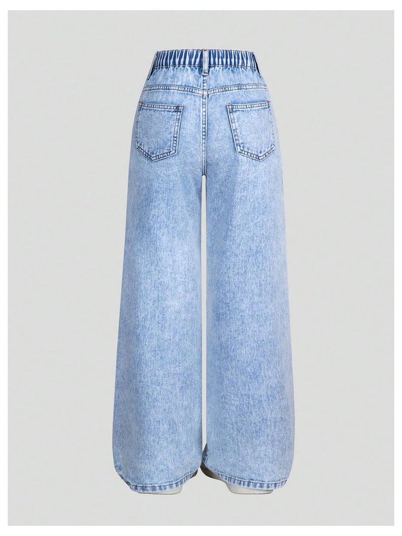 BEAUDRM Girl's Baggy Jeans Heart Print Jeans Wide Leg Y2k Cute Denim Pants with Pockets Size 8-12 Light Wash 12 Years - Image 2