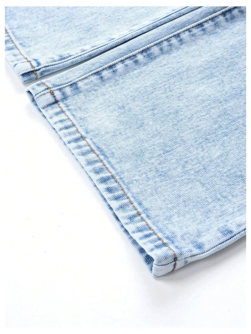 BEAUDRM Girl's Baggy Jeans Heart Print Jeans Wide Leg Y2k Cute Denim Pants with Pockets Size 8-12 Light Wash 12 Years - Image 4