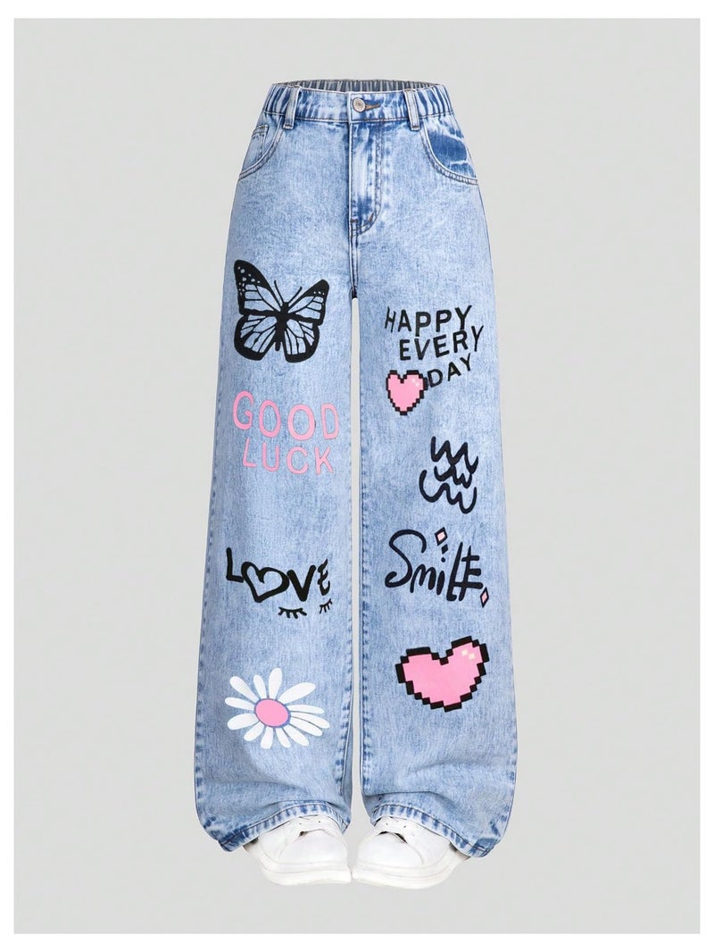 BEAUDRM Girl's Baggy Jeans Heart Print Jeans Wide Leg Y2k Cute Denim Pants with Pockets Size 8-12 Light Wash 12 Years - Image 3