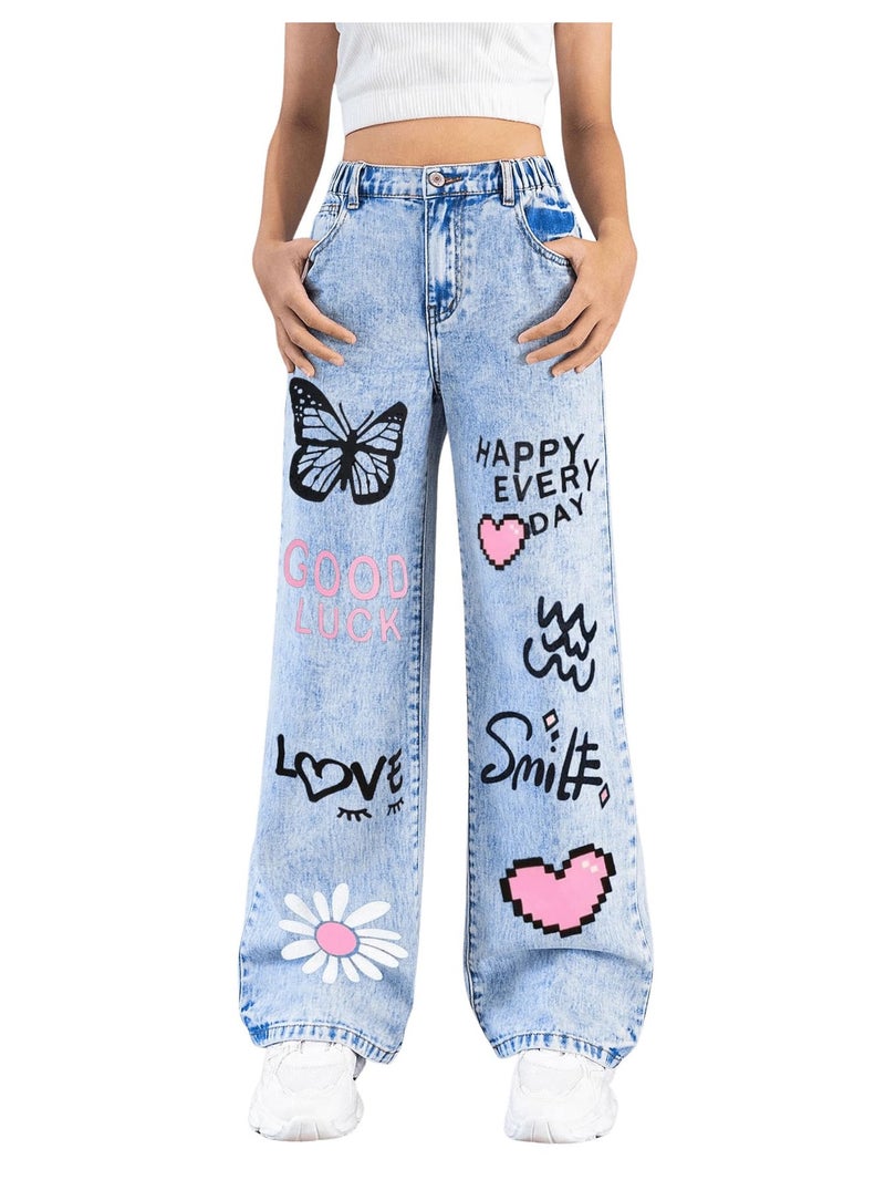 BEAUDRM Girl's Baggy Jeans Heart Print Jeans Wide Leg Y2k Cute Denim Pants with Pockets Size 8-12 Light Wash 12 Years - Image 1