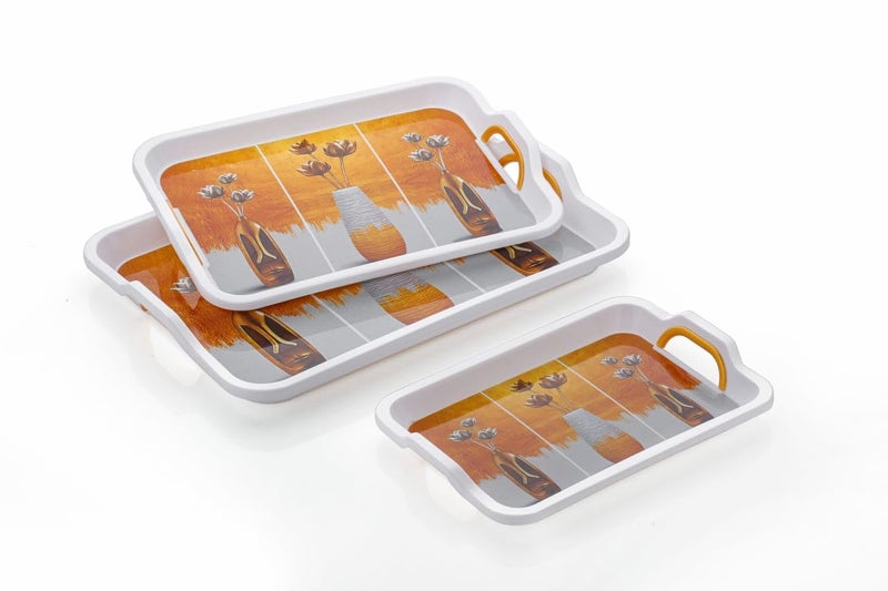 VSELL Serving Tray Set of 3 with Handle for Serving Tea, Coffee, Snacks and Multipurpose Use | A Designer Tray for Kitchen, Home, Office, Hotel| Serving Tray | Dining Tray (White Set of 3) (Lotus)  - Image 2
