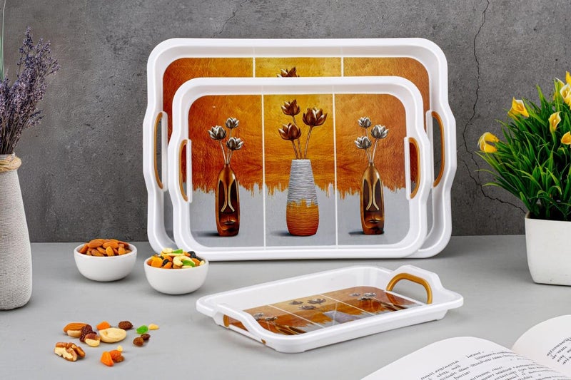 VSELL Serving Tray Set of 3 with Handle for Serving Tea, Coffee, Snacks and Multipurpose Use | A Designer Tray for Kitchen, Home, Office, Hotel| Serving Tray | Dining Tray (White Set of 3) (Lotus)  - Image 1